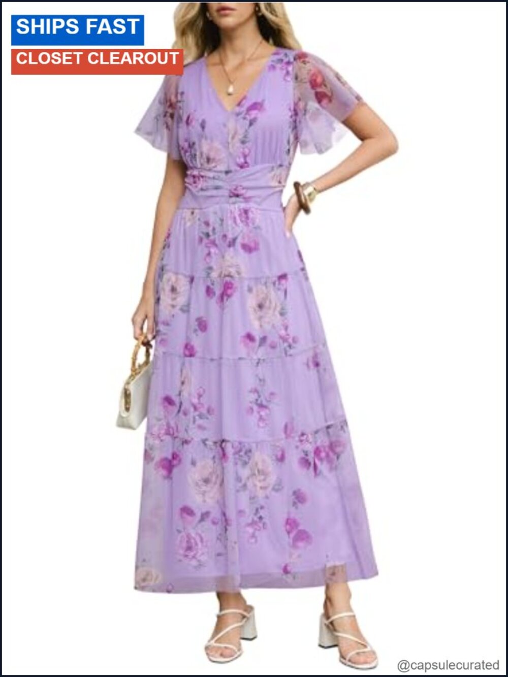 Women's Floral Tulle Maxi Dress Short Sleeve V-Neck Formal Wedding Guest